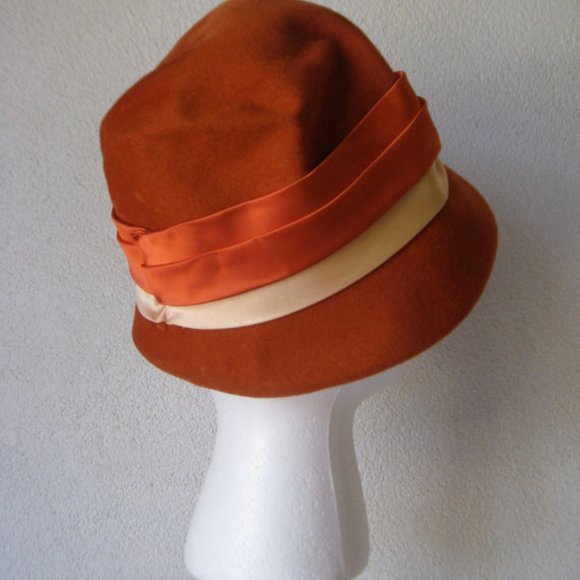 Vintage l 60s Wool Aurora Borealis Rhinestones Jewel Satin Ribbon Mod Bucket Hat